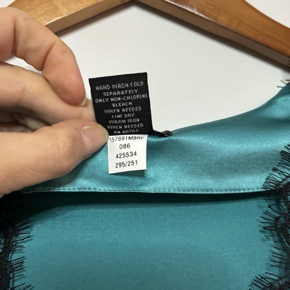 Vintage Y2K Silk & Lace Top M  Turquoise 3/4 Sleeve V-Neck Coquette FairyCore - Picture 4 of 11